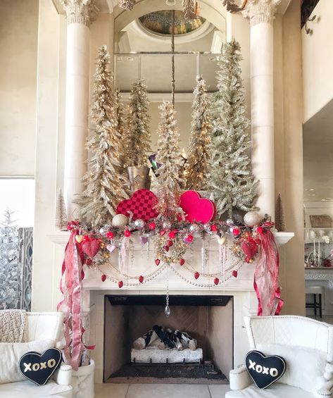 Valentine's Mantel and Tree - Purple Chocolat Home Winter Valentine Mantle Decor, Valentine Day Mantle Ideas, Valentines Day Mantel Decor, Valentine Fireplace Mantel, Valentine Mantel Decorating Ideas, Valentines Mantel Decor, Valentine Fireplace Decor, Valentine’s Day Mantel Decor, Valentines Fireplace Decorations