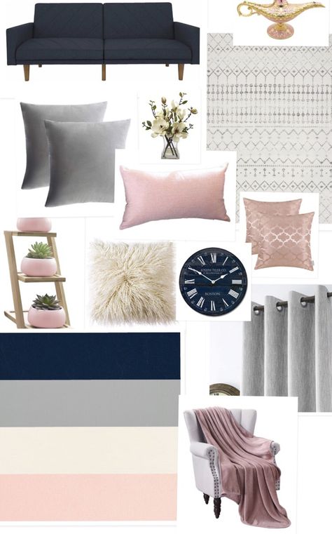 Pink, gray, cream, and navy color palette Pink And Navy Living Room, Cozy Girly Bedroom, Navy Living Room Ideas, Grey And Pink Living Room, Vintage Bedroom Decor Ideas, Blue And Pink Living Room, Navy Living Room, Blush Living Room, Girly Bedroom Decor