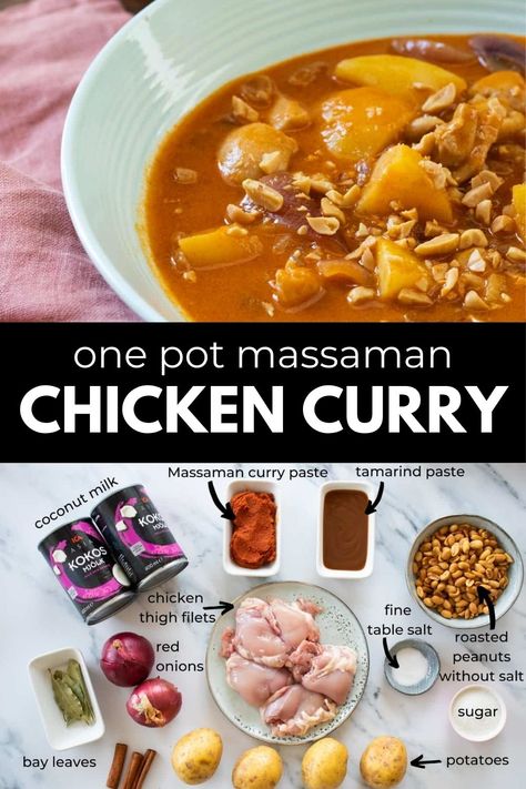 Indulge in the rich and aromatic flavors of Massaman Curry Chicken with this easy Massaman Curry recipe. This Thai dish combines tender chicken, potatoes, and roasted peanuts in a creamy and fragrant coconut sauce. Perfect for cozy dinners or impressive entertaining, this dish is sure to be a crowd-pleaser. With our simple recipe, you can create a homemade version of this classic curry that rivals your favorite takeout spot. Massaman Curry Chicken, Chicken Massaman, Massaman Curry Recipe, Chicken Massaman Curry, Thai Drunken Noodles, Massaman Curry Paste, Thai Recipes Authentic, Salmon Curry, Cosy Fall