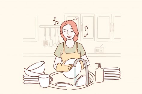 Young woman washing dishes and listening... | Premium Vector #Freepik #vector #music #people #house #woman Woman Washing Dishes, Pose Drawing Reference, Plate Drawing, Happy Housewife, Banana Ice Cream, Washing Dishes, Graphic Editing, Drawing Skills, Arte Pop