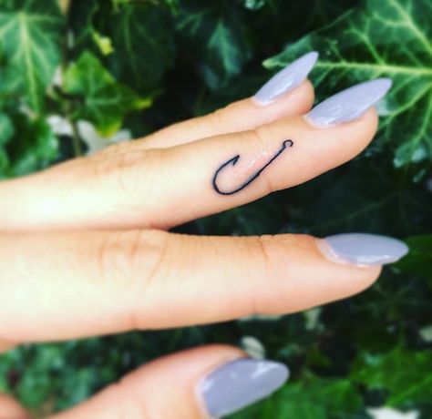 Fran and I Dainty Fishing Tattoo, Fish Hook Finger Tattoo, Fish Hook Tattoo With Name, Treble Hook Tattoo, Fish Hook Tattoo Women, Small Fishing Tattoo, Fishing Pole Tattoo, Fish Hook Tattoo, Grandpa Tattoo