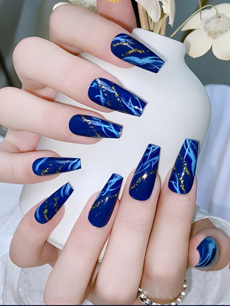 24pcs Long Ballet Shaped False Nails Blue Flame Marble Pattern With Golden Dust Press On Nails, Full Cover Removable And Reusable Nail Art Set For Women, Suitable For Party And Daily Wear Nail Supplies Blue    ABS  Color Nails   Nail,Hand & Foot Care, size features are:Bust: ,Length: ,Sleeve Length: Nails Art Bleu, Starry Nails, Galactic Glam, Nail Art Bleu, Blue And Silver Nails, Deco Nails, Future Nails, Navy Blue Nails, Diy Shoe Rack