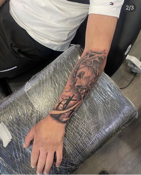 Three Crosses Sleeve Tattoo, Reglious Tattoos Sleeve, Tattoo Ideas For Men Forearm God, Leg Tattoos Women Christian, Men God Tattoos, Jesus Forearm Tattoo Men, God Quotes Tattoos Men, Cross Half Sleeve Tattoo For Women, Melina Cohens Tattoos