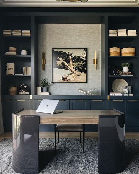 Office With Two Desks, Male Home Office, Dark Home Office, Office Interior Design Luxury, Color In Interior Design, Gray Room, Modern Home Office Desk, Design Studio Office, Office Built Ins