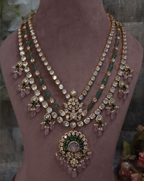 Sabrimala Moissanite Polki necklace Bride Jewellery Indian Gold, Open Polki Necklace, Polki Sets Design Jewellery, Victorian Polki Jewellery, Victorian Jewellery Designs, Chand Baliyan, Polki Long Necklace, Polki Diamond Jewellery, Jewellery Design Gold