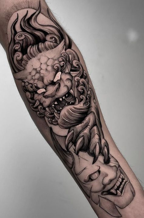 Foo Dog Tattoo Meaning, Tatuajes Irezumi, Japanese Foo Dog, Foo Dog Tattoo Design, Samurai Tattoo Sleeve, Japanese Tattoos For Men, Oni Tattoo, Foo Dog Tattoo, Hannya Mask Tattoo