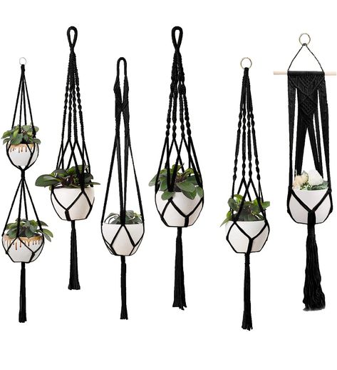 PRICES MAY VARY. Top-notch quality ropes, handmade from robust, soft cotton cords for stability Holds pots up to 11.9 lbs - fits medium to small sized pots, ceramic or plastic Comes with 6 hangers, hooks & S-hooks - easily hang planters from ceiling or curtains Perfect for indoor & outdoor decorations - add a bohemian effect to any space Saves shelf space and adds beauty - arrives ready to hang & transform your room An elegant way to display your plants: · Limited in space or tired of keeping yo Goth Macrame, Plant Holders Indoor, Goth House, Flower Pot Hanger, Rope Plant Hanger, Pots Ceramic, Indoor Plant Hangers, Witchy Goth, Macrame Hanging Planter