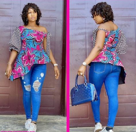 Ankara top with Jean and skirt – Ankaracrib Ankara Tops With Jeans And Sneakers, Ankara Tops With Jeans, Ankara Blouse Styles, Tops Ankara, Ankara Top Styles, Tops With Jeans, African Maxi Dress Ankara, Ankara Pants, Ankara Blouses