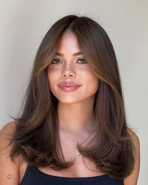 Front Layers Hairstyle, Facial Framing Layers Medium Hair, Medium Length Haircut With Long Layers And Face Framing, Collarbone Length Hair With Long Layers, Long Oval Haircut, Brown Midlength Haircuts, 90s Hairstyles Mid Length, Midlength Haircuts With Layers Thick Hair, Mid Length Hair Face Framing