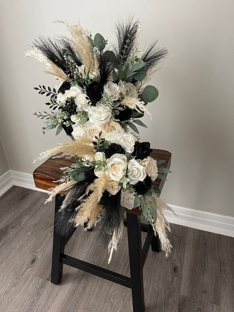 Black And Sage Wedding Bouquet, Black White And Sage Wedding Decor, Sage Green And Black Decor, Black Boho Wedding Flowers, Black And Gold Wedding Arch, Black White And Olive Green Wedding, Monochrome Wedding Flowers, Black Pampas Wedding, Black White And Greenery Wedding