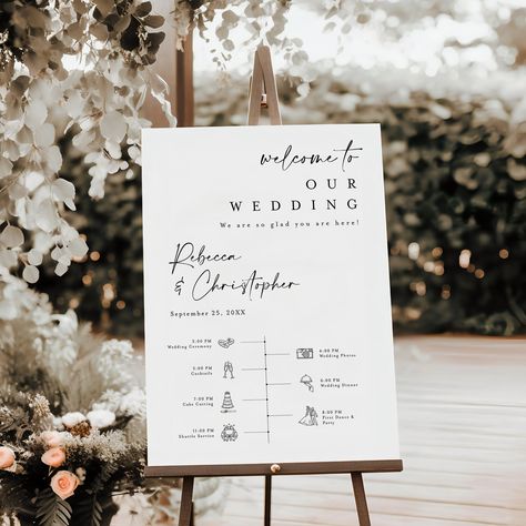 "This Wedding Timeline Sign is a digital editable template, using Templett.com. Edit right in your web browser. It features an elegant handwritten font and modern minimalist style. This Wedding Day Icon Timeline will be the perfect touch for your Wedding.  You will receive an access link within minutes after purchase to your email. Make your edits (wording, font, background color etc.), download and print at home or with print shop/copy center/photo lab. Please try free demo before purchase! ✅FU Reception Timeline Sign, Wedding Welcome Sign With Timeline, Itinerary Wedding Sign, Wedding Day Timeline For Guests, Wedding Agenda Timeline, Wedding Timeline For Guests, Wedding Timeline Day Of, Wedding Schedule Sign, Wedding Itinerary Sign