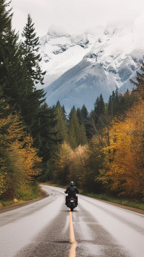 Motorcycle Mountain Adventure: A solo motorcycle rider travels down a picturesque road flanked by autumn trees and snowy mountains. #motorcycle #mountains #adventure #road #autumn #aiart #aiphoto #stockcake ⬇️ Download and 📝 Prompt 👉 https://ayr.app/l/wHJW Motorcycle Vision Board, Motorcycle Road Trip Aesthetic, Fall Motorcycle Photoshoot, Beautiful Roads Photography, Bike Travel Photography, Motorcycle Mountains, Photo Moto, Inktober Inspiration, Adventure Photoshoot