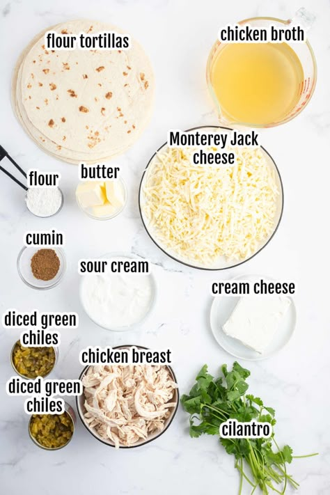 Image of the ingredients needed to make White Chicken Enchiladas recipe. Freezer White Chicken Enchiladas, Creamy White Chicken Enchilada Bowls, White Chicken Chili Enchiladas, White Cheese Chicken Enchiladas, Quick Chicken Enchiladas, White Enchiladas Chicken, White Chicken Enchiladas Easy, White Enchiladas, Creamy Chicken Pasta Bake