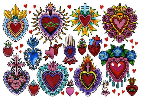 Img114sm Sagrado Corazon Tattoo, Tin Hearts, Sacred Heart Tattoos, Heart Projects, Year 5, Tin Art, Mexican Art, A Poem, Mexican Folk Art