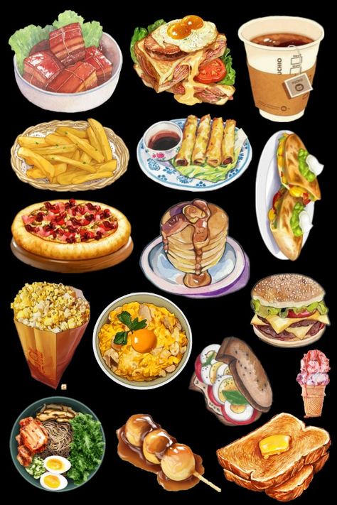 Food Stickers Aesthetic, Stiker Food, Kawaii Food Stickers, Menue Design, Food Cart Design, Foods And Drinks, Food Sketch, Food Illustration Art, Cute Food Drawings