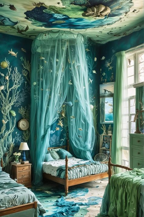 Under The Sea Theme Bedroom, Ocean Themed Bedroom For Kids, Sea Bedroom Ideas, Ocean Inspired Bedroom, Ocean Room Ideas, Witch Bedroom, Kids Bedroom Themes, Underwater Bedroom