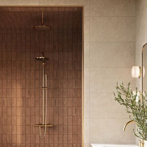 Edward Martin on Instagram: "Earthy elegance ✨ Bringing the beauty of nature indoors with our Leona and Graham tiles

Featuring:
* Graham 3x6 Glossy Ceramic Tile in Clay
* Leona 24x24 & 3x3 Hexagon Mosaic Matte Porcelain Tile in Marfil" Glossy Ceramic Tile, Earthy Elegance, Matte Porcelain Tile, Tile Edge, Hexagonal Mosaic, The Beauty Of Nature, Bathroom Tiles, Nature Indoors, Outdoor Shower