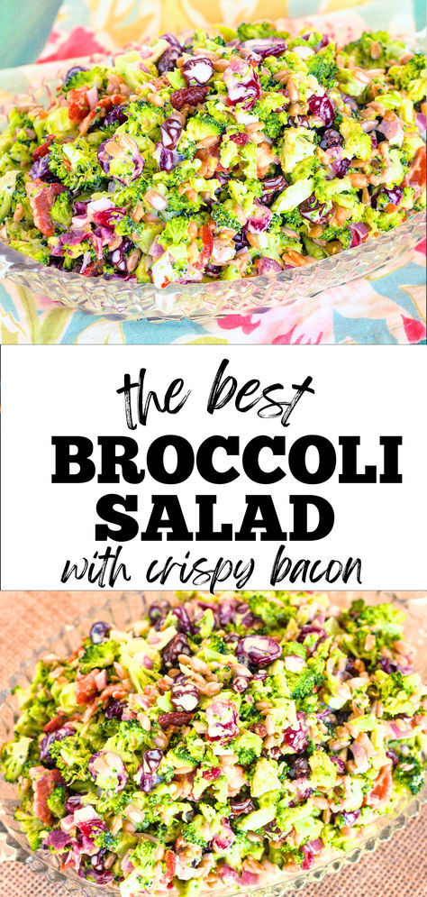 Ready in minutes, this Creamy Broccoli Salad with Crispy Bacon is the perfect side dish for any BBQ, party, or potluck. Made with fresh, crisp broccoli florets, salty and savory bacon, sweet raisins, tart cranberries, nutty sunflower seeds, and a deliciously sweet and savory homemade mayonnaise-based dressing, this salad is a true crowd-pleaser. It's easy to see why this is our favorite broccoli salad recipe. #summersalads #summersaladrecipes #saladrecipes #coleslawrecipe #bbqsidedishes #ColeslawRecipes #BBQSideDish #heartysalads #DeliciousSalads #EasySalads Savory Broccoli Salad, Easy Summer Sandwich Ideas, Gluten Free Salads For Parties, Fourth Of July Food Bbq Side Dishes, Summer Bacon Recipes, Cold Veggie Side Dish, Side Salads For Bbq, Cold Vegetable Side Dishes, Healthy Side Dishes For Bbq