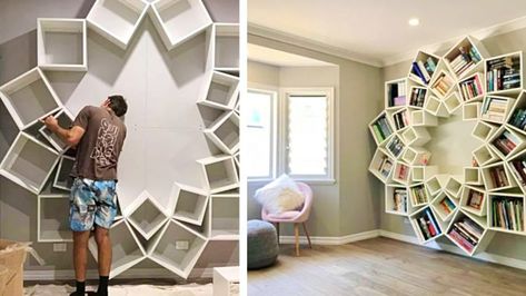 Parents Craft Spiral Bookcase Using Only Wood Boxes – DIY Ways Creative Bookcases, Bookcase Diy, Bookcase Wall, Storing Books, Large Shelves, Small Shelves, Storage Hacks, Book Shelf, Design Case