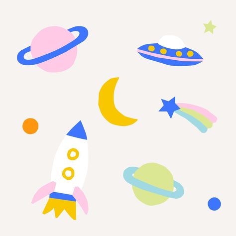 Star Space Tattoo, Cute Space Illustration, Planet Illustration Design, Space Illustration Kids, Planets Illustration, Rocket Illustration, Paper Rocket, Rocket Kids, Galaxy Illustration