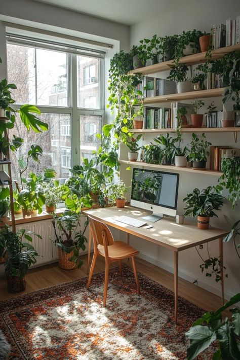 Apartment With Lots Of Plants, Biophilic Room Design, Cute Therapy Office, Cozy Small Office, Small Therapy Office, Cute Office Space, Mediterranean Office, Calming Office Decor, Office With Plants