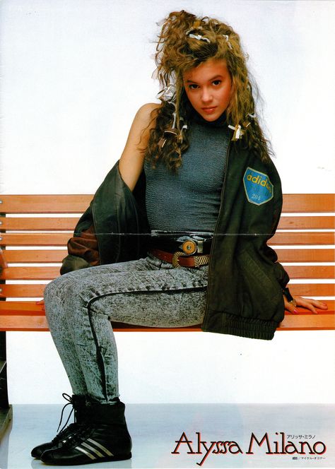 Another shot of Alyssa Milano wearing a black leather Adidas jacket sitting on a wood bench from an unknown Japanese magazine... Alyssa Milano Young, Alyssa Milano Hair, Alisa Milano, Allysa Milano, Black Adidas Jacket, 80’s Aesthetic, 80s Look, New Retro Wave, 20th Century Fashion