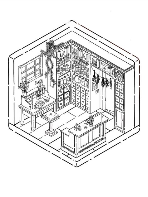 Apothecary isometric instant download colouring page. This colouring page features a desk, a checkout counter with an old-timey cash register, and bookcases filled to the brim with magical potions, herbs and books and cute plants sprinkled all over the page. Witch Apothecary, Cute Plants, Magical Design, Checkout Counter, Colouring Page, Isometric Illustration, Adult Colouring, Cash Register, Graphic Design Lessons