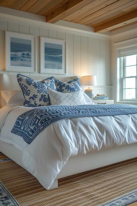 20 Tips for Designing a Preppy Coastal Bedroom | Green Snooze Nautical Aesthetic Bedroom, Coastal Vibe Bedroom, Blue And White Themed Room, Color Theme Bedroom, Blue Beachy Bedroom, Blue Beachy Room, Coastal Grandma Room, Blue Theme Room, Room Inspo Coastal