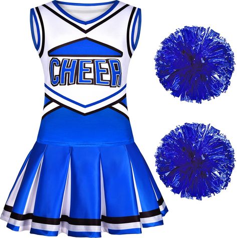 PRICES MAY VARY. Girls Cheerleader Outfit: Girls cheerleading outfit includes cheerleader top, skirt, 2 Pom Poms. It's a perfect gift for a girl who likes cheerleading. Quality Material: Girls cheerleader costume is made of high quality polyester fabric, comfortable and breathable. Two-color design of the pleated part makes the skirt looks more beautiful. Dress Up Party: Cheerleader costume is suitable for Halloween parties, Christmas, sports games, theme parties, dress-up, school show, carnival Girls Cheerleader Costume, Cheer Practice Wear, Cheerleader Outfit, Halloween Party Dress, Baby Costumes Girl, Costume For Girls, Cute Cheerleaders, Cheerleader Costume, Cheerleading Uniforms