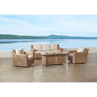 Member's Mark Breck 4-Piece Deep Seating Set with Fire Pit - Sam's Club Deep Outdoor Sofa, Coastal Outdoor Furniture, Back Porch Furniture Ideas, Patio Conversation Set Ideas, Patio Planter Ideas, Front Porch Seating Ideas, Conversation Patio Set, Garden Ideas Patio, Pit Sofa