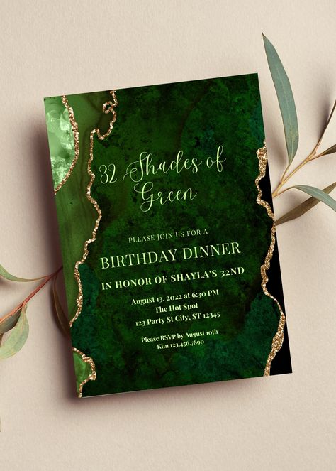 Editable shades of green birthday dinner invitation perfect for your next birthday party or birthday dinner. This green and gold invitation can be edited yourself using Canva. If you choose to print yourself the print size is 5x7 and can be printed on cardstock invitation paper. You can also have the completed file taken to your local print shop and have them print. Can also be saved as an image to use as a text invitation or email invitation. All the wording is editable. Details: Shades of Green Birthday Dinner invitation with green and gold agate design. Wording can be changed to accommodate all the great milestone birthdays such as sweet 16, 18th birthday, 21st birthday, 30th birthday, 40th birthday, 50th birthday, 60th birthday and so on! Wording can be edited for any occasion. HOW IT Emerald Green Black And Gold Dinner Party, Ivy Themed Party, 50 Shades Of Green Birthday Party, Shades Of Green Birthday Party, Green 18th Birthday Party, Emerald Birthday Party, Green And Gold Birthday Invitation, Green And Gold Sweet 16, Emerald Green Birthday Party Ideas