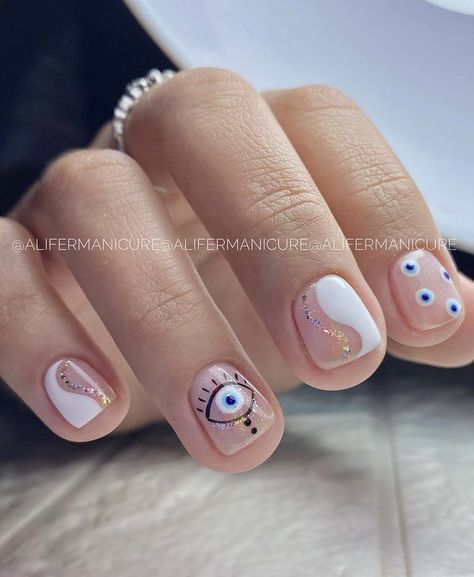 Boho Chic Nails Designs, Evil Eye Manicure, Spiritual Nail Art, Evil Eye Nails Design, Summer Ombre Nails, 2023 Spring Nails, Summer Nails 2023, Girls Nail Designs, Evil Eye Nails