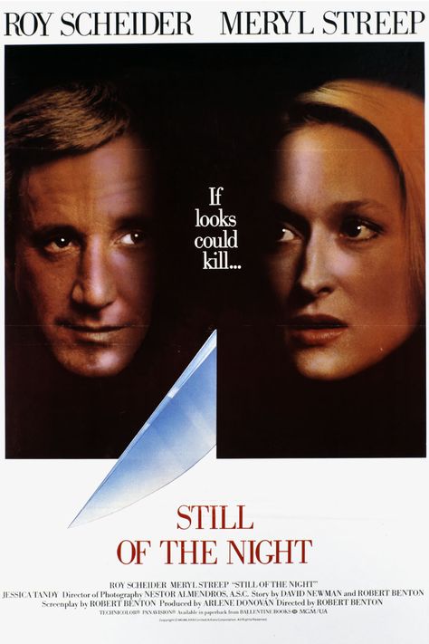 Still of the Night (1982) Stars: Roy Scheider, Meryl Streep, Jessica Tandy, Joe… Jessica Tandy, Roy Scheider, Still Of The Night, 1980s Films, Night Movie, Night Film, Movie Studios, Best Cinematography, Information Poster