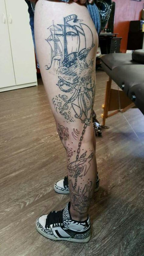 Sealife Leg Tattoos, Deep Sea Leg Sleeve, Women’s Ocean Sleeve Tattoo, Ocean Sleeve Tattoos Color, Underwater Tattoo Color, Sea Theme Leg Sleeve Tattoo, Marine Life Half Sleeve Tattoo, Underwater Leg Tattoo, Ocean Scene Tattoos For Women