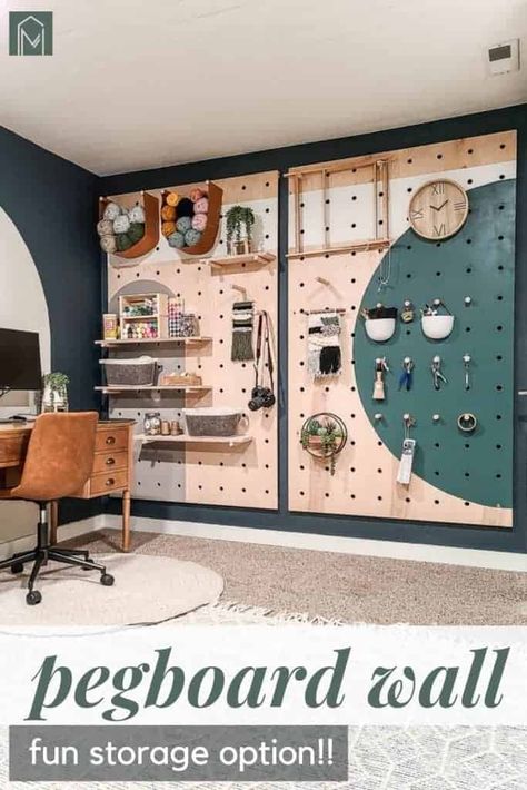 Extra storage is a must in any office! Check out this giant wood pegboard wall that is perfect to hand or set all you office supplies on! #office #storage #pegboard Giant Pegboard Wall, Plywood Pegboard, Giant Pegboard, Peg Board Walls, Pegboard Wall, Space Style, Office Makeover, Craft Room Office, Home Office Space