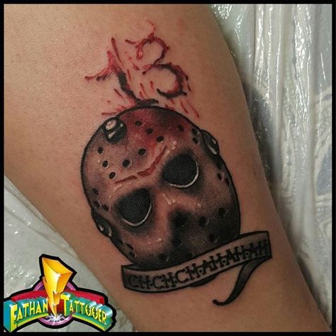 Small Jason Tattoo, Scary Halloween Tattoos, 80s Horror Tattoo, Devils Rejects Tattoo, Jason Tattoo Design, Horror Movie Tattoos For Women, Horror Movie Tattoos Sleeve, Small Horror Movie Tattoos, Jason Vorhees Tattoo