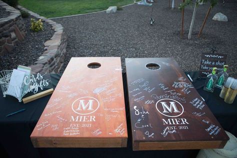 Cornhole Boards Designs, Guest Book Alternative, Take A Shot, Guest Book Alternatives, Cornhole Boards, Wedding Guest Book, Happily Ever After, Guest Book, Engagement Party