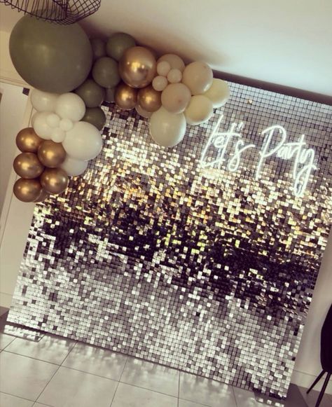 Perfect Party Backdrop! Our Silver Sequin Wall is so versatile it literally works for any colour scheme or theme! Teamed with our Neon 'Let's Party' Sign and Boho themed corner Balloon Garland, it made the best photo spot at this house party 🤍 Sequin Wall Backdrop Wedding, Sequins And Sparkles Party, Let’s Party Backdrop, Sparkle Themed Party, Sequin Theme Party, 40th Birthday Color Schemes, Disco Party Photo Wall, 18th Birthday Colour Themes, 40th House Party Ideas