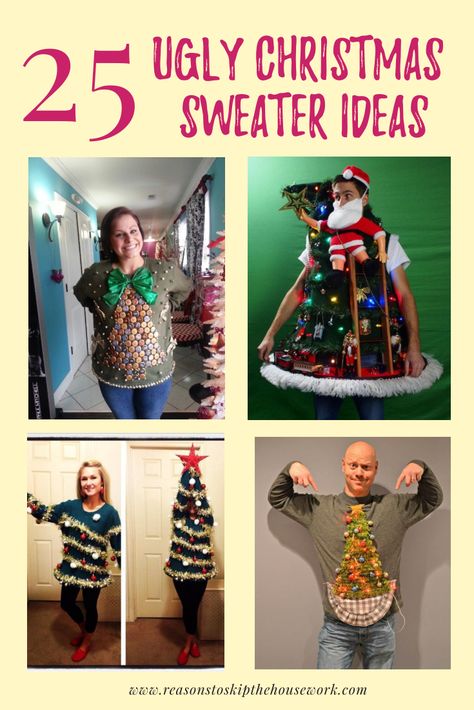 What could be more fun than an ugly sweater party? If you plan on attending or hosting a Christmas ugly sweater party, then you're going to need an ugly sweater. Here you will find 25 ugly Christmas sweater ideas for men and women. Be inspired! #UglyChristmasSweaterIdeasDIY #CreativeUglyChristmasSweaterIdeas Ugly Sweater Apron, Ugly Sweater Diy Men, Tacky Sweater Ideas, Diy Ugly Christmas Sweater Men, Diy Ugly Sweater Ideas Hilarious, Mens Ugly Christmas Sweater Diy, Make Your Own Ugly Christmas Sweater, Home Made Ugly Christmas Sweater Ideas, Ugly Sweater Ideas For Women