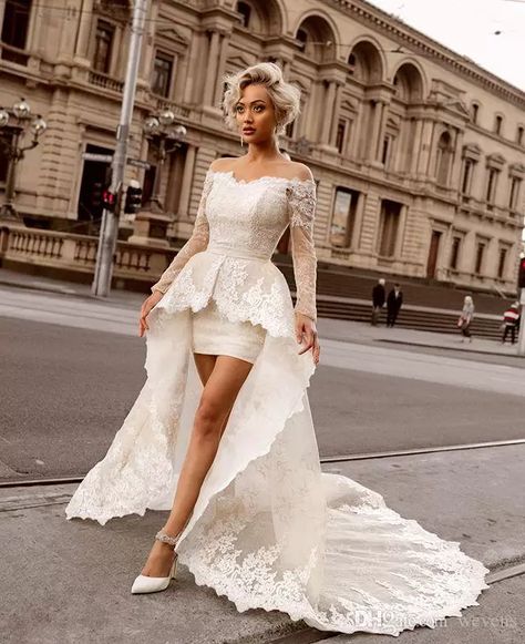 Graceful Sheath Short Wedding Dresses With Detachable Train Off The Shoulder Lace Appliques Castle Bridal Gowns Sweep Train Marriage From Wevens, $121.21 | DHgate.Com 2nd Wedding Dresses, Short Wedding Dresses, Wedding Dresses High Low, Detachable Train, Off The Shoulder Long Sleeve, Backless Wedding, Wedding Dresses Photos, Lace Bridal Gown, Ivory Wedding Dress