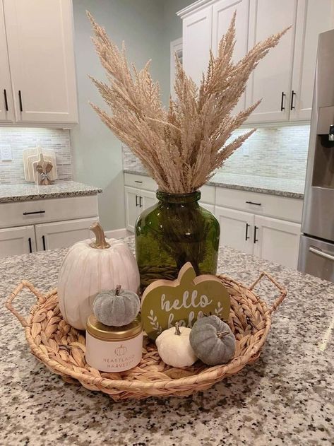 Fall 2023 Table Decor, Living Room Accent Table Ideas, Fall Living Room Table Centerpieces, Kitchen Counter Corner Fall Decor, Simple Fall Kitchen Island Decor, Autumn Home Decor Ideas Kitchen, Year Round Fall Home Decor, Fall Kitchen Centerpiece, Fall Guest Bedroom Decor