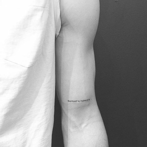 Location Tattoo, Cool Little Tattoos, Bicep Tattoo Men, Coordinates Tattoo, Unique Small Tattoo, Small Forearm Tattoos, Elbow Tattoos, Text Tattoo, Bicep Tattoo