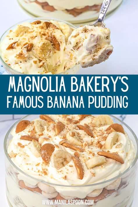 For my family, this is hands-down the most delicious Banana Pudding! Best of all, this Magnolia Bakery's famous banana pudding is super easy to make and can als0 be made ahead! Just mix then layer the pudding with vanilla wafer cookies and bananas and you have one fantastic-tasting dessert that everyone will rave about! Magnolia Bakery Banana Pudding Recipe, Banana Bread Pudding Recipe, Heaven Dessert, Dessert Potluck, Cold Desert, Magnolia Bakery Banana Pudding, Banana Pudding Desserts, Banana Bread Pudding, The Girl Who Ate Everything