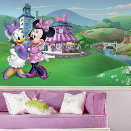 Minnie Mouse Happy Helpers XL Chair Rail Prepasted Mural 6' x 10.5' - Ultra-strippable Princess Mural, Disney Wall Murals, Disney Mural, Roommate Decor, Room Visualizer, Disney Wall, Minnie Mouse Bow, Disney Designs, Flower Shower