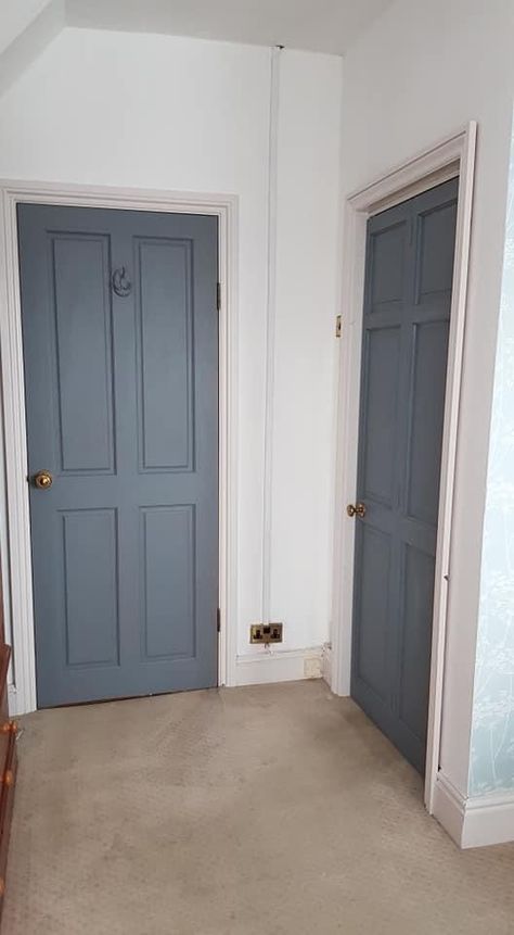 Blue Interior Doors Hallways, Grey Blue Door, Wooden Door Paint Color, Blue Hallway Doors, Blue Internal Doors, Wooden Door Colour Ideas, Navy Doors Interior, Navy Blue Interior Doors, Blue Doors Interior