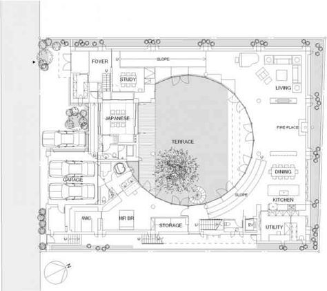 circular courtyard plans Circular Courtyard, Japanese House Floor Plans, Japanese House Design, Circular Patio, Museum Plan, House Layout Plans, Courtyard House, Kamakura, Japanese House