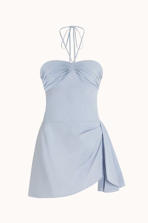 Bardot Mini Dress – Orseund Iris Blue Flowy Mini Dress, Blue Halter Mini Dress, Powder Blue Mini Dress, Hoco 2024 Dresses, Halter Hoco Dress, Formal Beach Dress, Blue Dresses Short, Blue Dress Flowy, Blue Mini Dresses