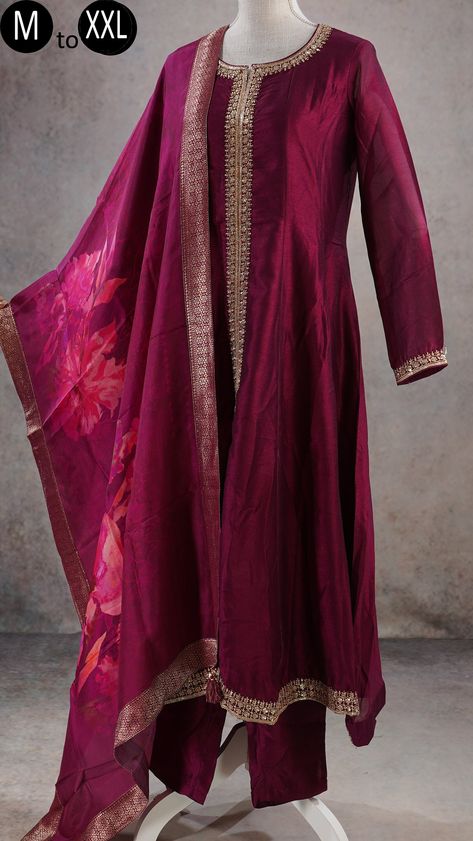 Kurti Sets, Kurti Palazzo, Embroidered Anarkali, Anarkali Kurti, Dark Burgundy, Burgundy Wine, Anarkali, Wine, Silk