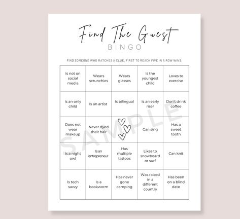 Find the Guest Digital Download, Find the Guest Bingo - Etsy Canada Find The Guest Bingo Free Printable, Kylie Baby Shower, Camping Date, Find The Guest Bingo, Guest Bingo, Free Printable Bingo Cards, Bingo Online, Free Bingo Cards, Find The Guest