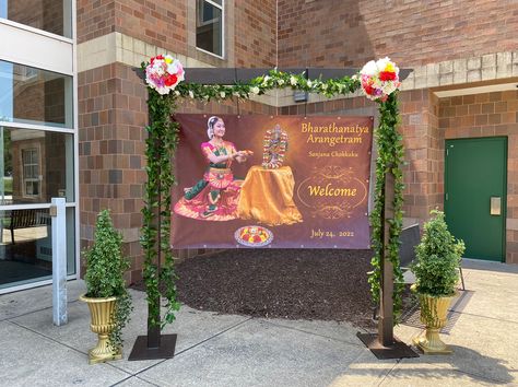 Entrance deco | Arangetram Decor Arangetram Stage Decoration, Arangetram Decoration Ideas, Arangetram Invitation, Arangetram Decor, Bharatanatyam Costume, Welcome July, Bharatanatyam Poses, Lobby Ideas, Flower Garland Wedding